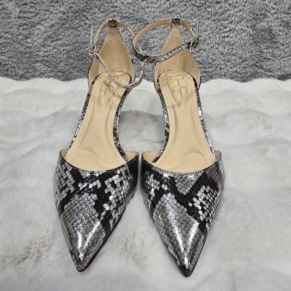 Jessica Simpson Silver Metallic Snake Print Heels Pump Ankle Strap NEW Sizes - Picture 10 of 15